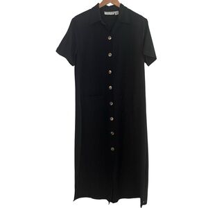 VTG MOKA Woman’s Sz M Black Linen Blend Button-Down Maxi Dress Shirt Dress